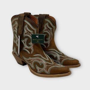 Buck & Brana Regina Napa Camel Embroidered Leather Western Ankle Boot Size 6 NEW